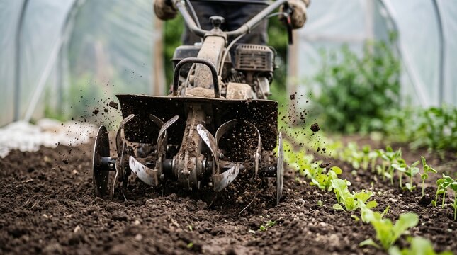 Motorized garden cultivator tilling brown soil close-up.