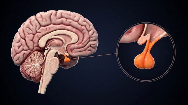 Detailed anatomical illustration of the human brain highlighting the pituitary gland and hypothalamus in a sagittal view.