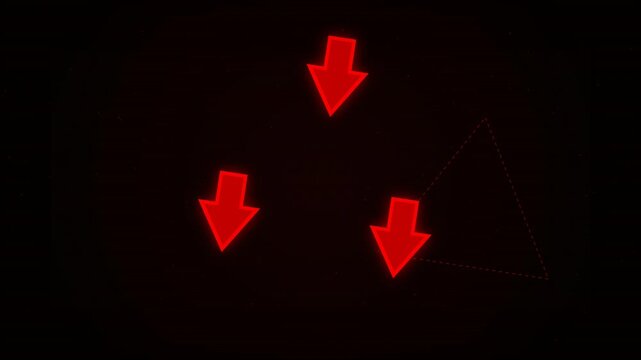 Glowing red neon arrows pointing downwards on a dark background, concept for direction, warning and navigation