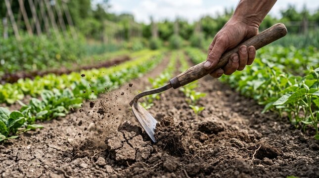 Close-up of a person's hand using a hand hoe tool to till soil in a garden row.
