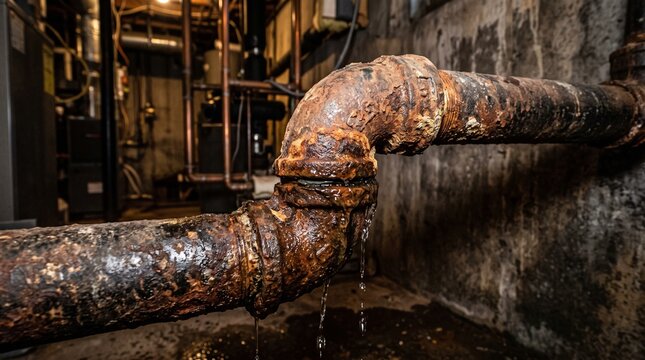 Heavy industrial rusty pipes showing severe corrosion and aging in a basement setting