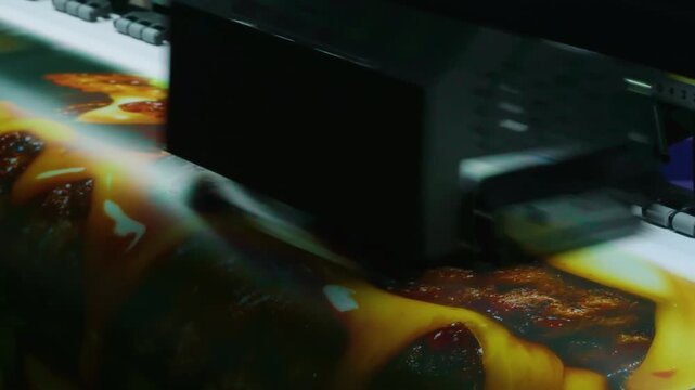 Wide format printer prints on sheet of paper. Multiple nozzles move across it. Intricate patterns cover the surface