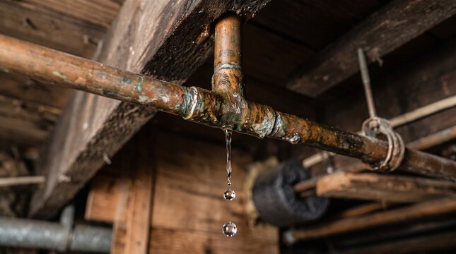 Old rusty pipe leaking water drops in a dark basement or utility room.