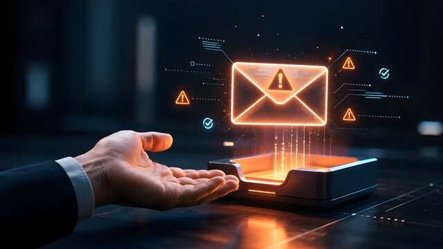 Holographic Email Warning Interface with Security Icons and Checkmarks Over Digital Desktop
