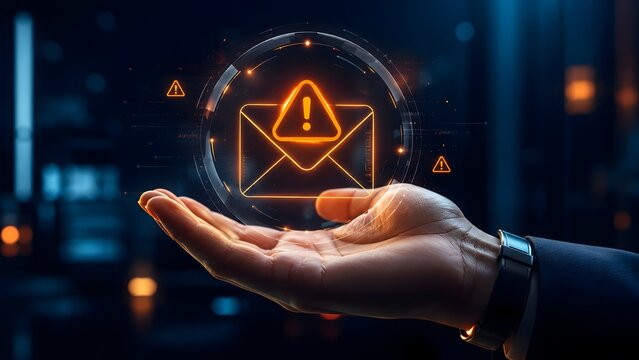 Futuristic Holographic Email Alert Notification on Businessman Hand in Dark Cyber Environment