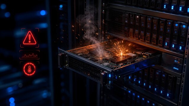Overheating Data Center Server Rack Emitting Smoke and Fire with Holographic Temperature Alert