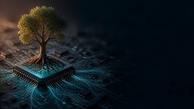 Glowing tree with circuit root network on a computer chip background