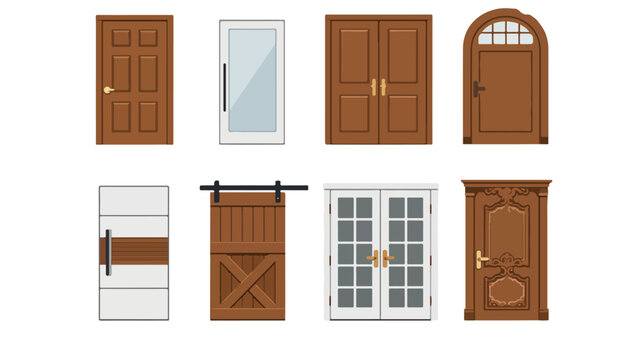 Assortment of Doors: A collection of eight distinct doors, showcasing various styles from modern to traditional, including wooden, glass, and panel designs, all presented as illustrations.