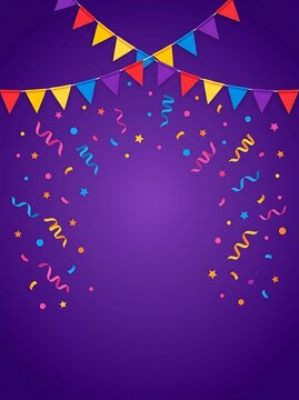 Festive celebration background with colorful bunting flags, confetti, and streamers on a purple backdrop for party invitation or greeting card