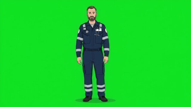 Full-body cartoon illustration of a male paramedic in uniform standing against a green screen background.