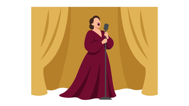 Woman Singing on Stage with Golden Curtains