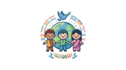Naklejka premium Children holding hands around world globe with flags.
