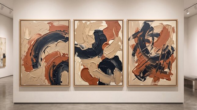 Contemporary triptych abstract painting with thick textured brushwork in an art gallery space