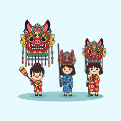 Naklejka premium Children with traditional Japanese festival masks