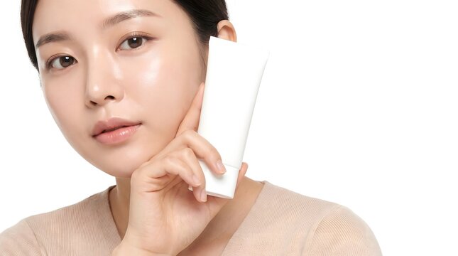 Beautiful young Asian woman holding a blank white cosmetic tube for skincare branding.