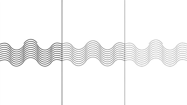 Three panels of parallel wavy lines in different line weights and shades of gray and black