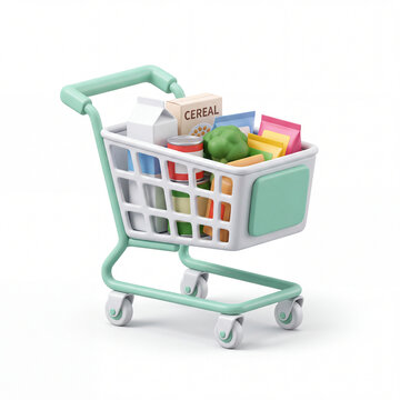 Shopping cart filled with groceries. 3d icon on white background