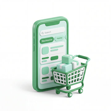 Online shopping cart and Digital device. 3d icon on white background
