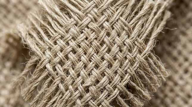 Close-up macro view of woven burlap fabric texture, natural fibers, rustic craft material