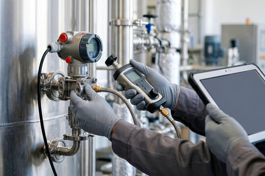 Industrial technician in protective gloves calibrating pressure sensor and valve with digital manometer and tablet in automated manufacturing facility.