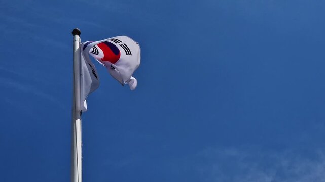 National flag of South Korea on a flagpole under a blue sky. Close-up of the national flag of the Republic of Korea fluttering in the wind against a clear blue sky. Concept of patriotism
