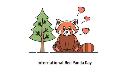 Naklejka premium Cute Red Panda Illustration Sitting Next to Tree with Hearts, International Red Panda Day