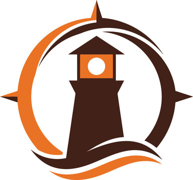 Lighthouse building inside compass circle vector logo illustration with lighthouse