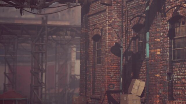 A loading dock with boxes stacked near an old brick warehouse. The scene shows the urban setting with shadows on the ground. The time appears to be late afternoon.