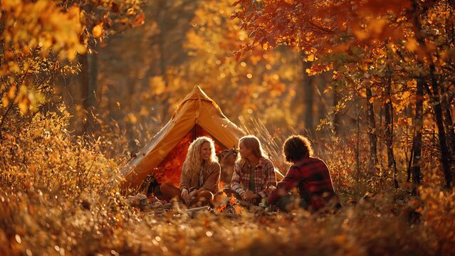 Three children camping in a beautiful autumn forest.