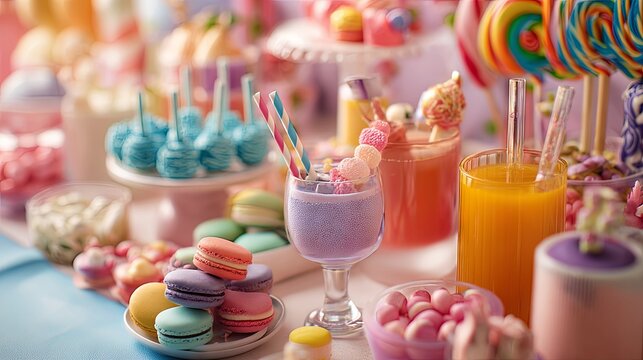 Festive birthday celebration table decorated with colorful sweets, macarons, candies, cake pops, refreshing drinks, and cheerful party decorations