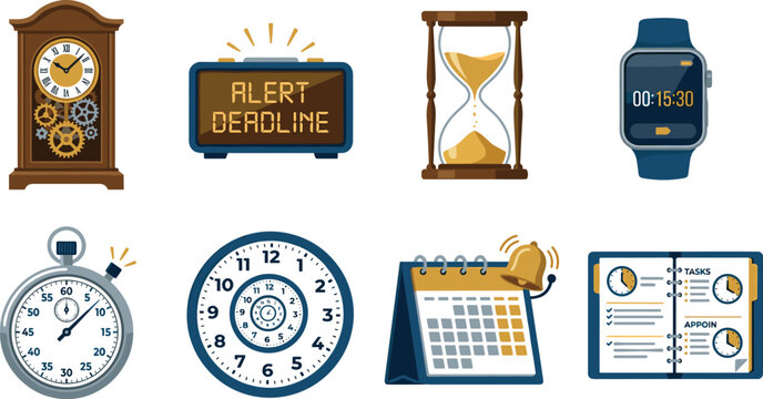 Collection of time management and deadline tracking icons featuring clock hourglass stopwatch smartwatch and calendar