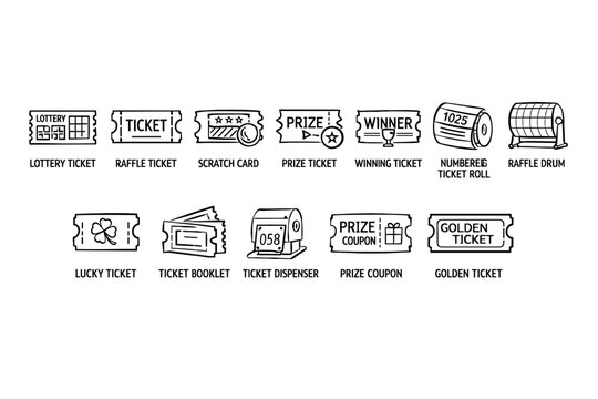 Collection of hand-drawn lottery and prize ticket icons for games and events
