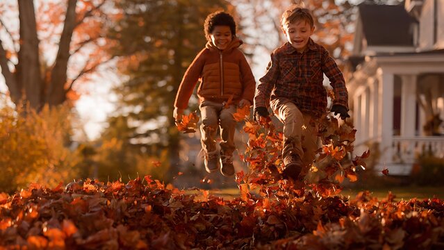 Two joyful children playing and jumping in autumn leaves in the front yard.