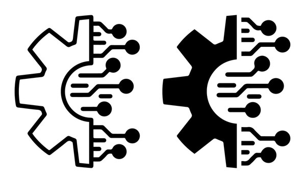 Smart technology gear icon set. Digital circuit gear design. Modern ai processor and engineering symbol. Outline and solid mechanical graphic on transparent background.