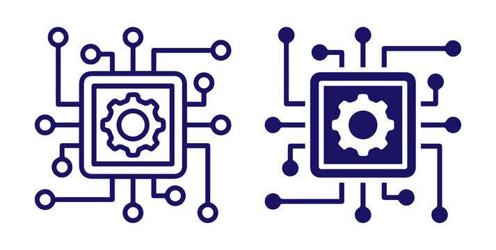 Smart technology microchip png icon set. Digital circuit gear design. Modern electronic processor symbol. Outline and solid engineering graphic on transparent background.