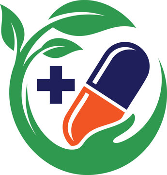 Medical capsule pill with green leaves and medical cross vector logo design