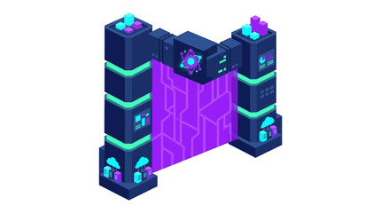 Obraz premium Isometric futuristic digital gateway with glowing purple energy portal and neon server towers