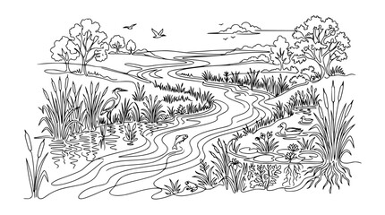 Fototapeta premium River landscape illustration with wildlife and plants, black and white line art, transparent background