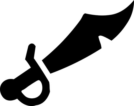 Curved Saber Sword Silhouette, Black Sword with Guard and Handle, Medieval Weapon Icon, Warrior and Fencing Vector Symbol