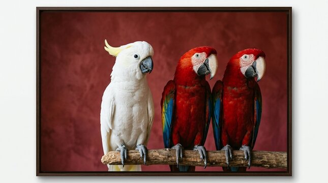 Three colorful parrots perched on a branch, two red macaws and one white cockatoo.