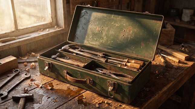 An open vintage metal toolbox filled with old hand tools sitting on a rustic wooden workbench in a workshop