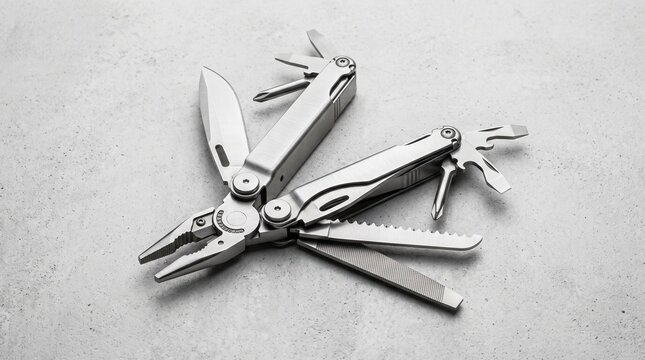 A high angle view of a stainless steel multi tool with various blades and implements fully extended