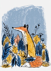 Fototapeta premium Whimsical fox in colorful forest illustration