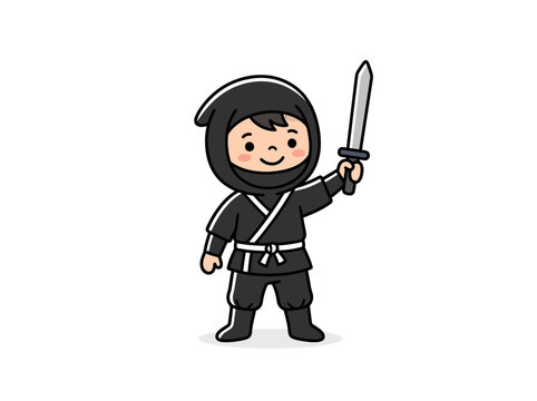A cute cartoon ninja character in black outfit holding a silver sword, smiling and standing.