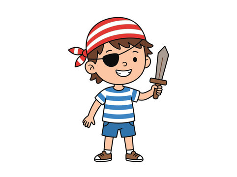 A happy cartoon boy dressed as a pirate, wearing an eye patch and holding a toy sword.