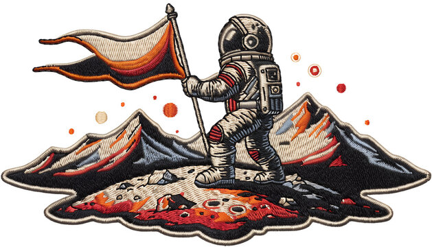 Vintage embroidered space explorer patch, adventurous astronaut standing on a small alien planet holding a classic exploration flag, distant mountains and stars behind the figure, detailed stitched 