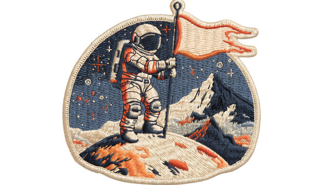 Vintage embroidered space explorer patch, adventurous astronaut standing on a small alien planet holding a classic exploration flag, distant mountains and stars behind the figure, detailed stitched 