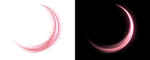Glowing pink crescent moon shape with soft sparkling stars and light halo for celestial design in PNG, Transparent and Black Background Versions © Crafter