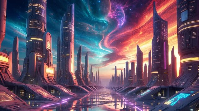 Futurism science fiction urban cityscape, cyber city town panorama building future AI Generative