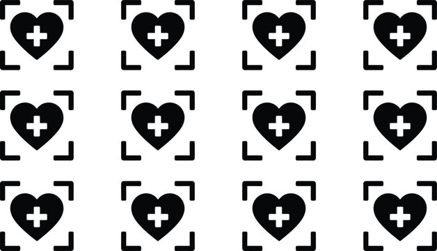 Black heart icons with plus symbols inside square focus brackets in a grid pattern on a white background, representing medical health monitoring, cardiology, and digital wellness.